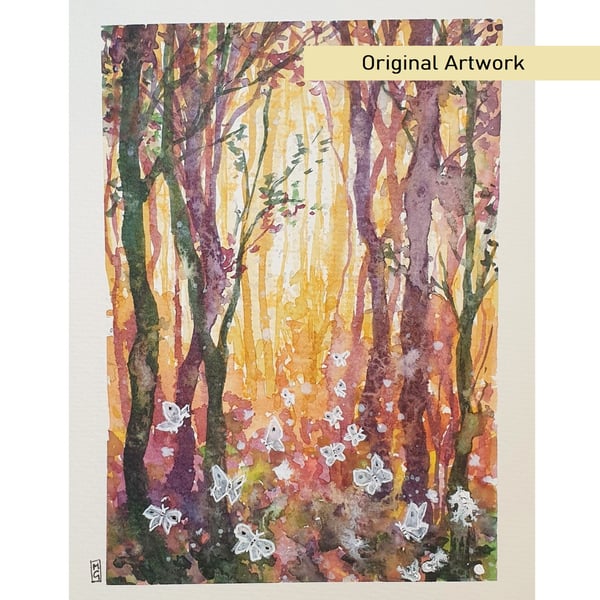 Forest with white butterflies, original watercolour painting with mixed media