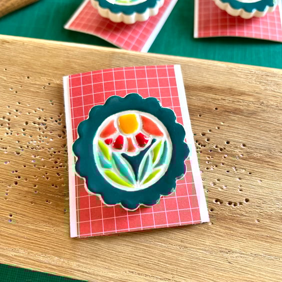 Handmade Ceramic Skandi Art Deco Sunrise brooch, Hand Made Pottery Badge