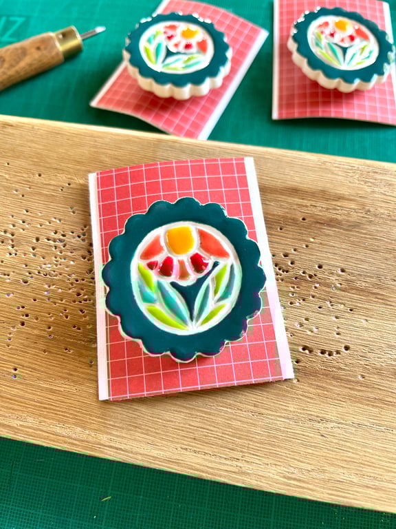 Handmade Ceramic Skandi Art Deco Sunrise brooch, Hand Made Pottery Badge