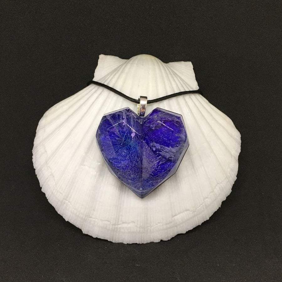 Blue violet heart pendant, resin and ink with black cord necklace.