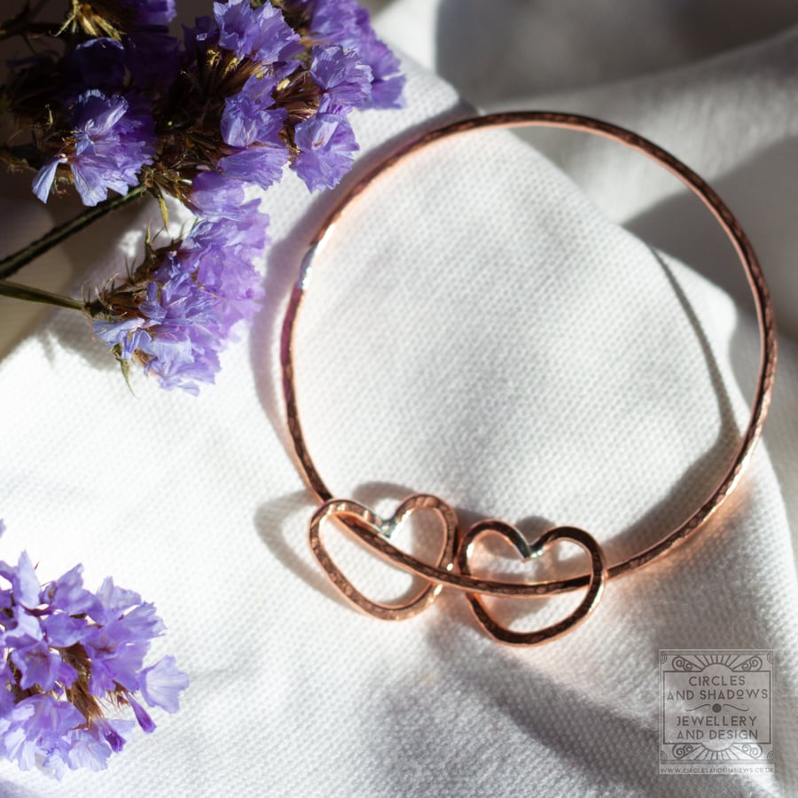 Textured Copper Bangle with 2 Hearts 