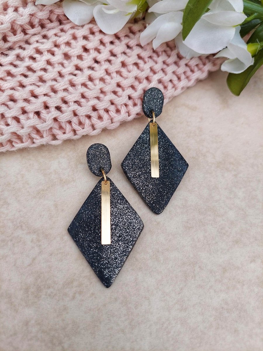 Statement Earrings Black Silver Glitter With Gold Filled Bar