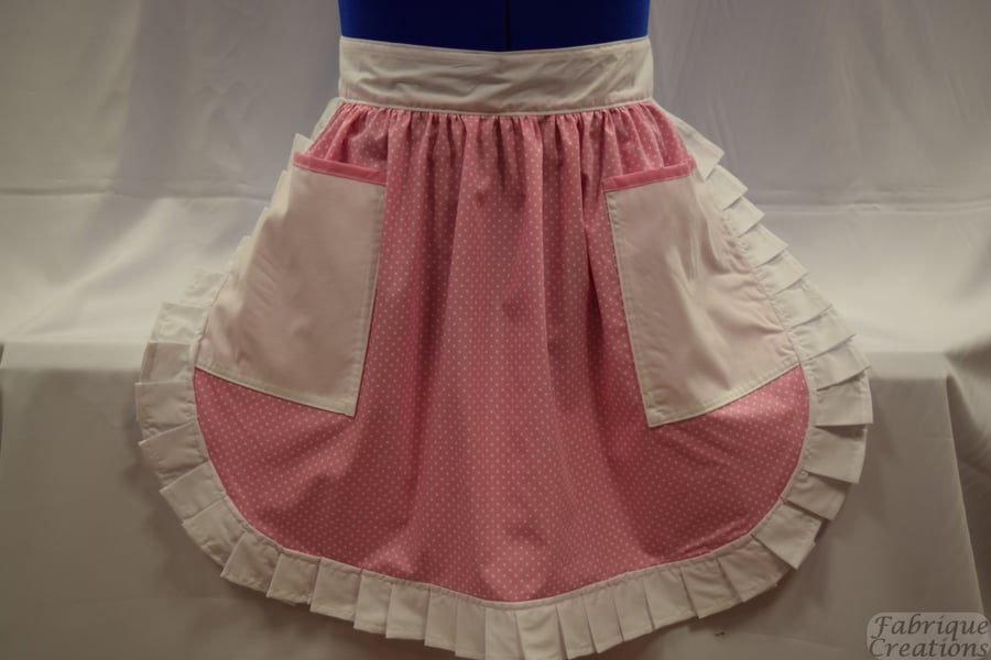 Vintage 50s Style Half Apron Pinny - Pink & White Polka Dot with 2 Pockets