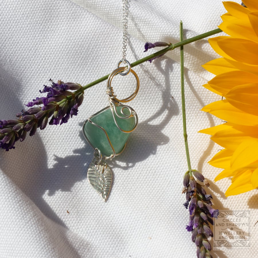 Nature Inspired Leaf Charm and Amazonite Pendant Necklace Hallmarked Silver 