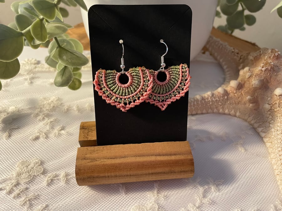 Boho macrame fan shape beaded dangle earrings 