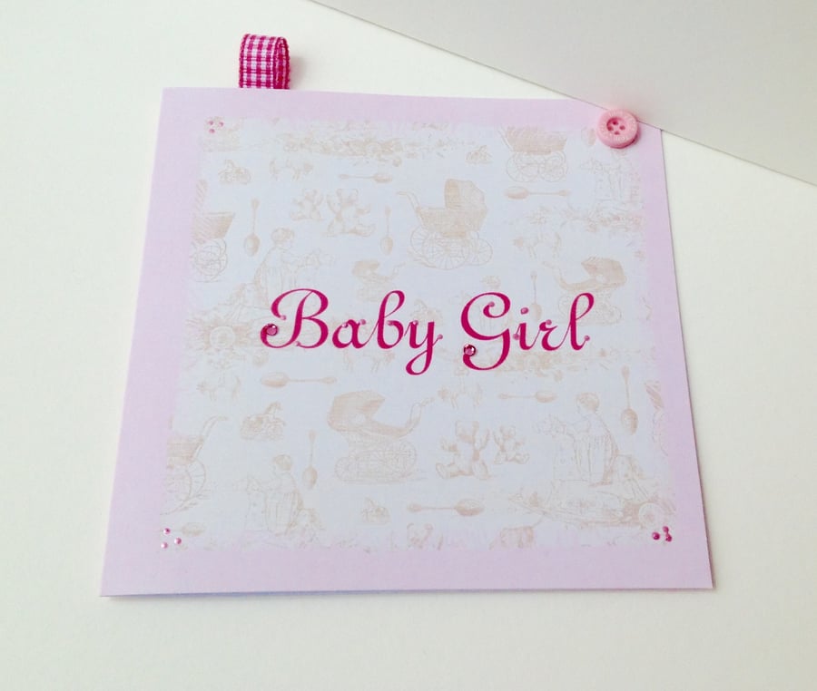Baby Girl Vintage Style New Baby Card,Handmade,Personalised 