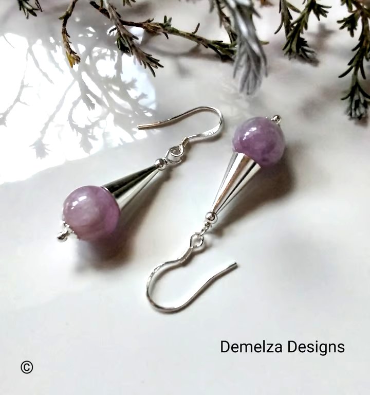 Designer Natural Kunzite Sterling  Silver Coned Earrings