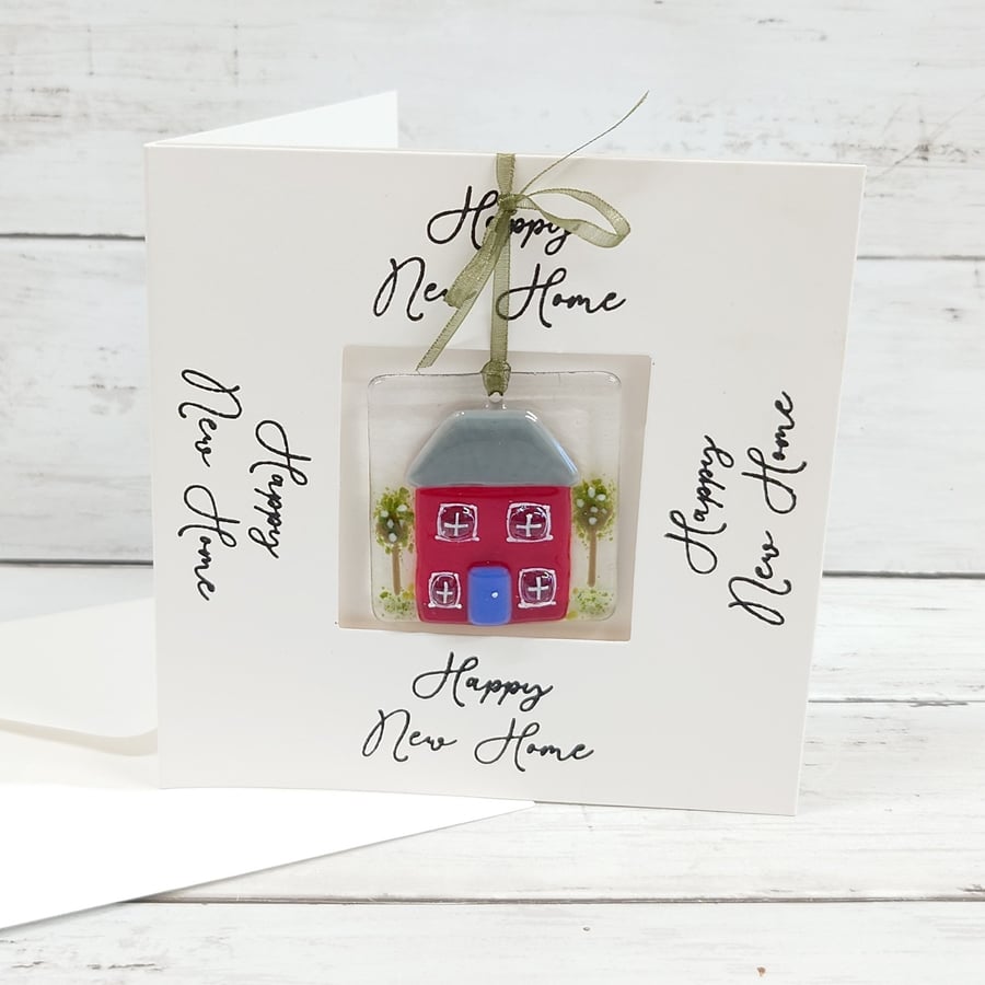 Happy New Home Card with Fused Glass Keepsake; Fun Fused Glass House