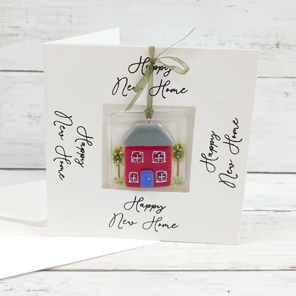 Happy New Home Card with Fused Glass Keepsake; Fun Fused Glass House