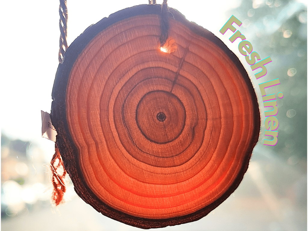 Fresh Linen Car Air Freshener. Wooden slice with long-lasting fragrance. UK.