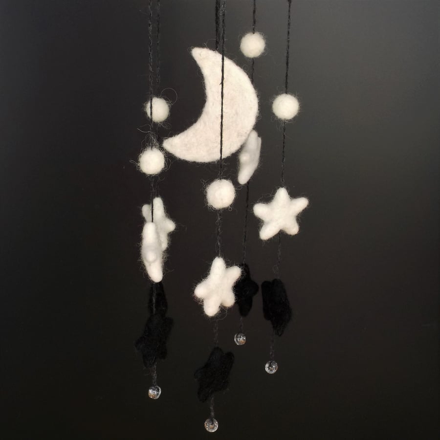 Moon and stars mobile black and white felt hanging decoration room ornament