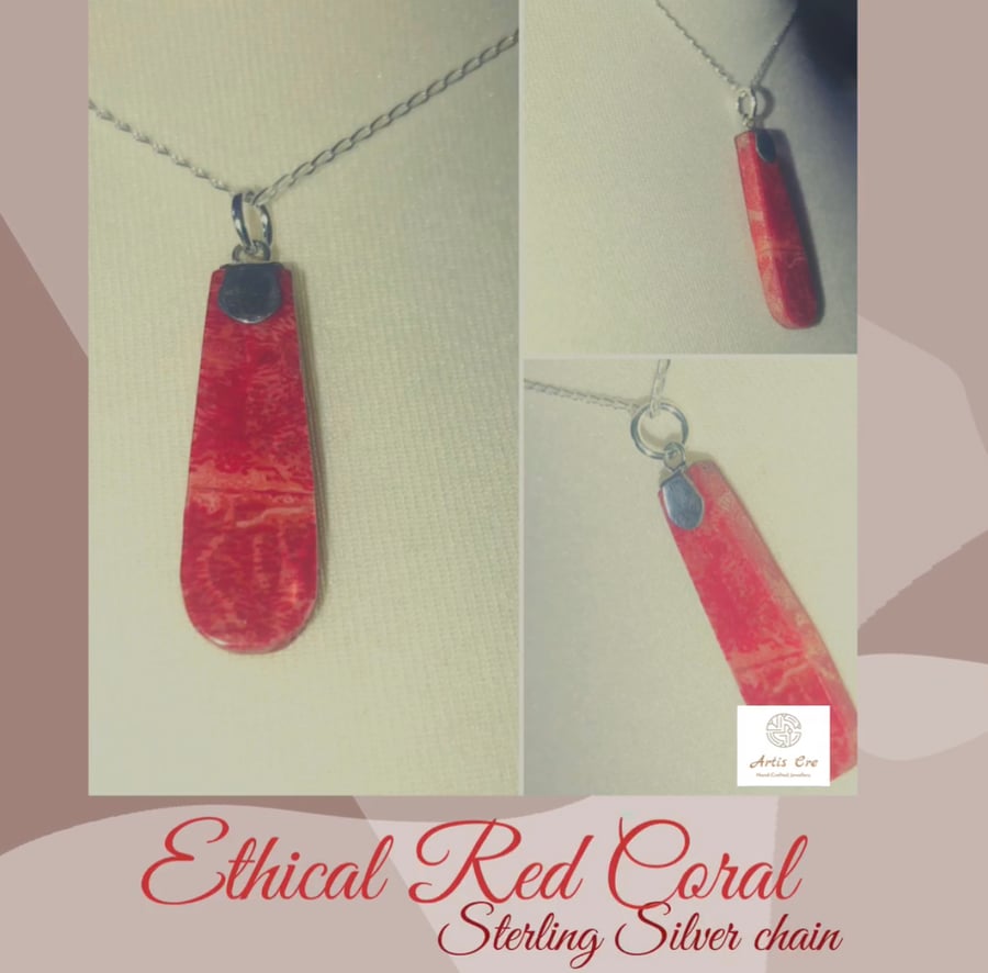 Ethical natural Red Coral pendant sterling Silver 16” chain