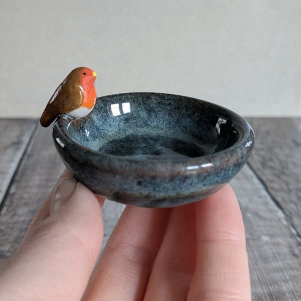 Small ceramic ring dish with mini robin and blue brown glaze