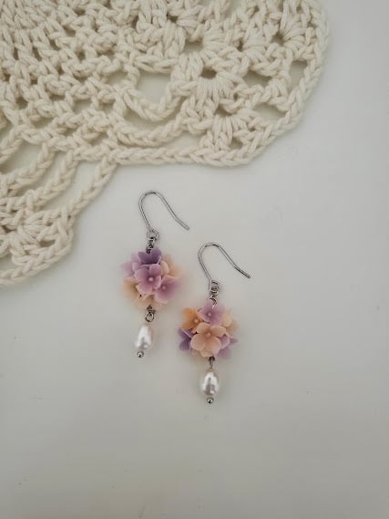 Handmade Hydrangea Polymer Clay Earrings - Summer Breeze Pearl Dangles