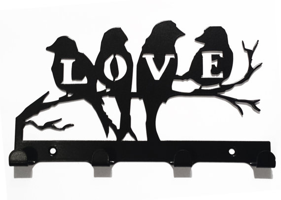 Love Birds on Branch Silhouette Key Hook Rack - metal wall art