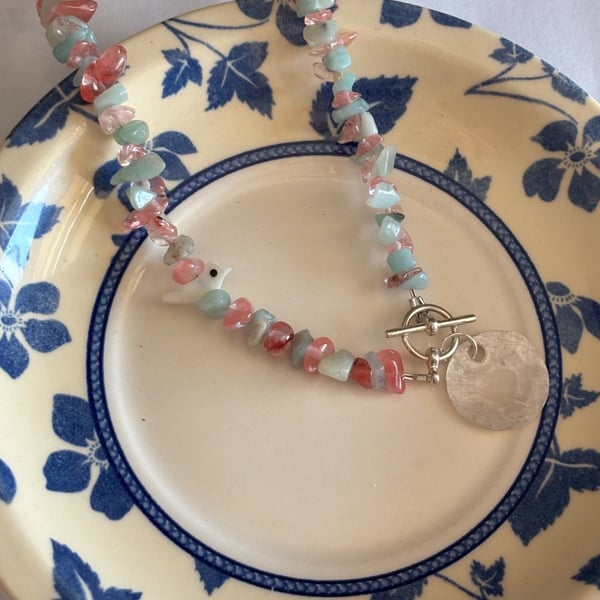 Pink and aqua chip necklace with shell detail