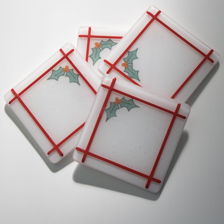 Set of 4 Christmas Themed Fused Glass Coasters - 9146