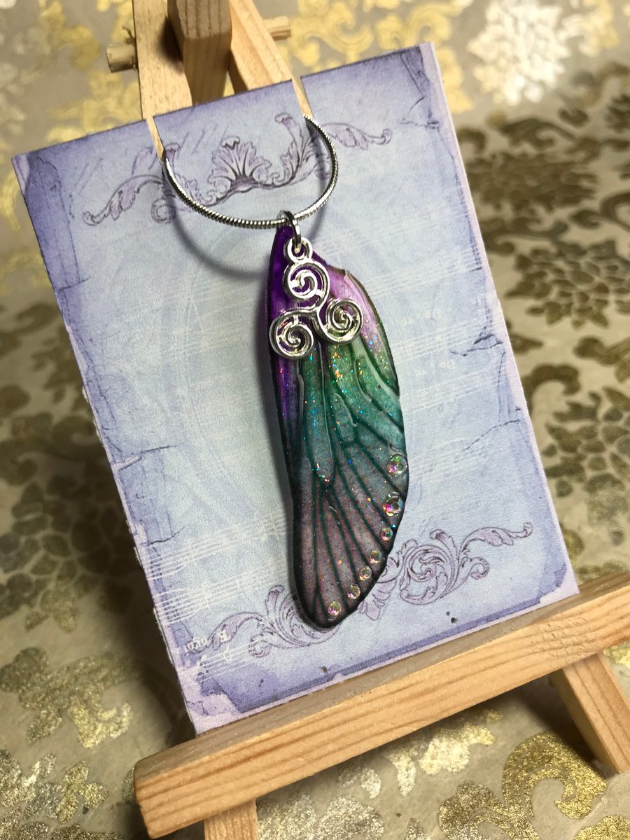 Purple and Green Triskelion Sterling Silver Fairy Wing Necklace