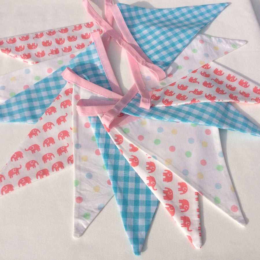 Nursery Bunting - Pink elephants and dots design, 12 flags 8ft long