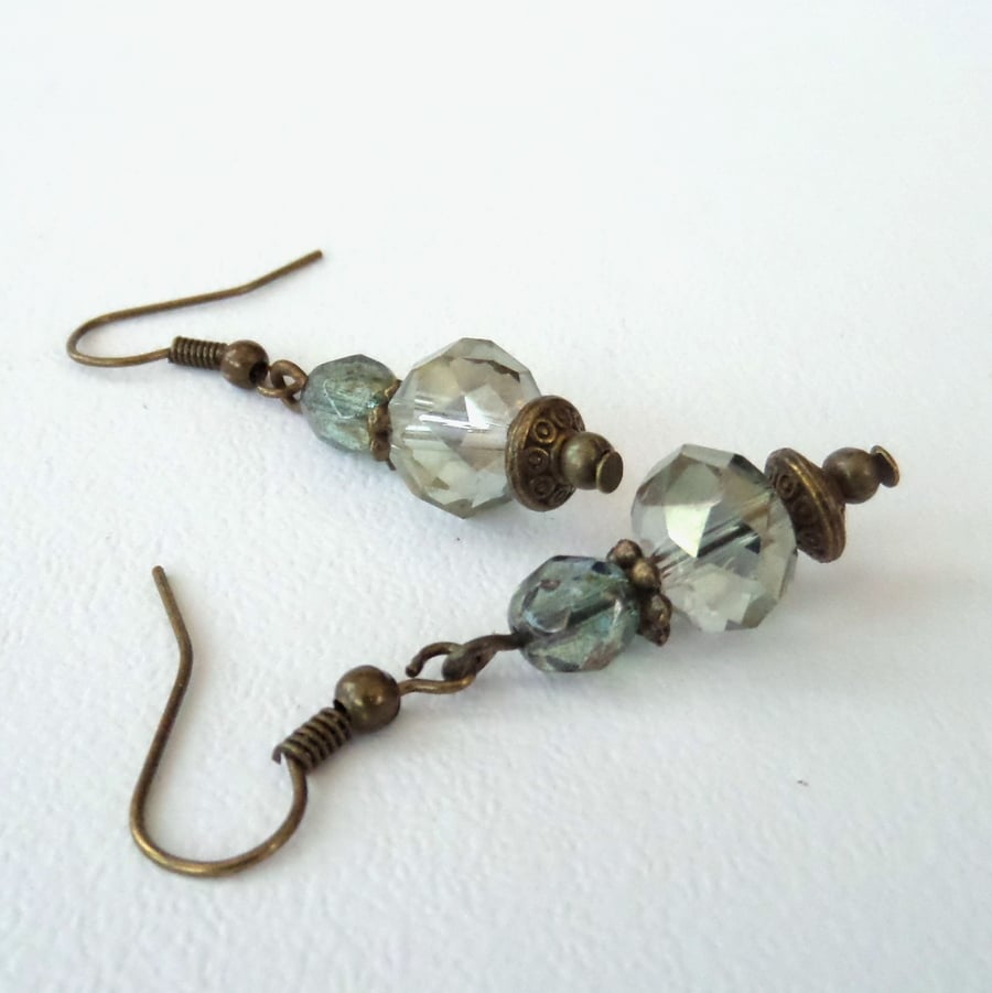 Green crystal & bronze earrings, vintage style