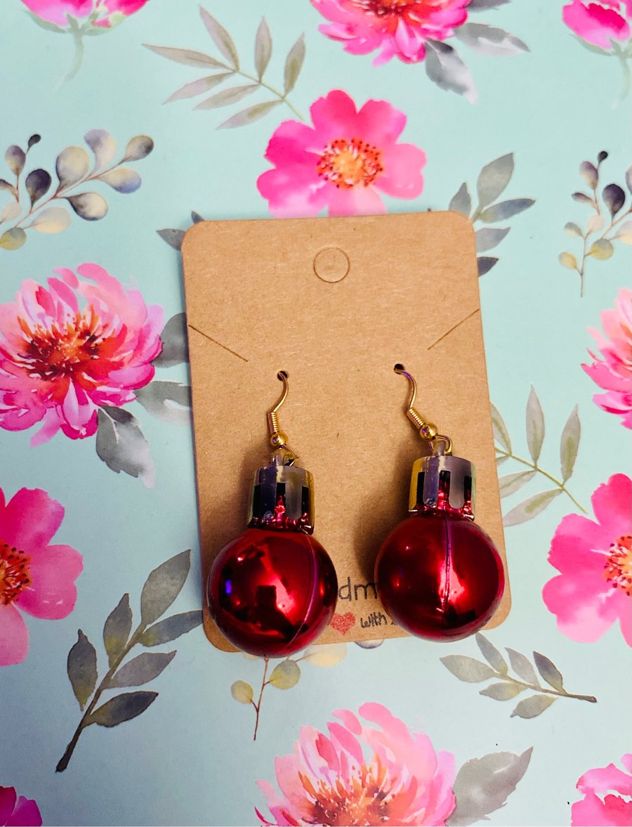 Glossy red Christmas bauble dangle earrings 