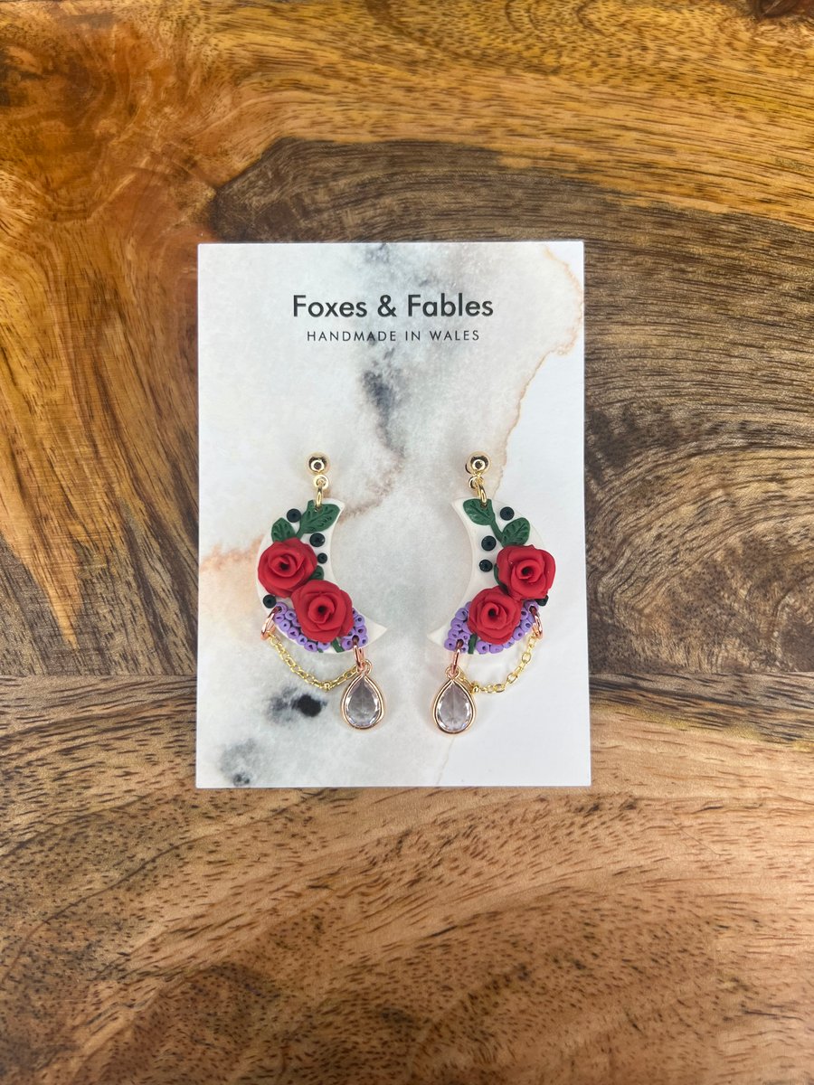 Red Rose and Bluebell Crescent moon Earrings