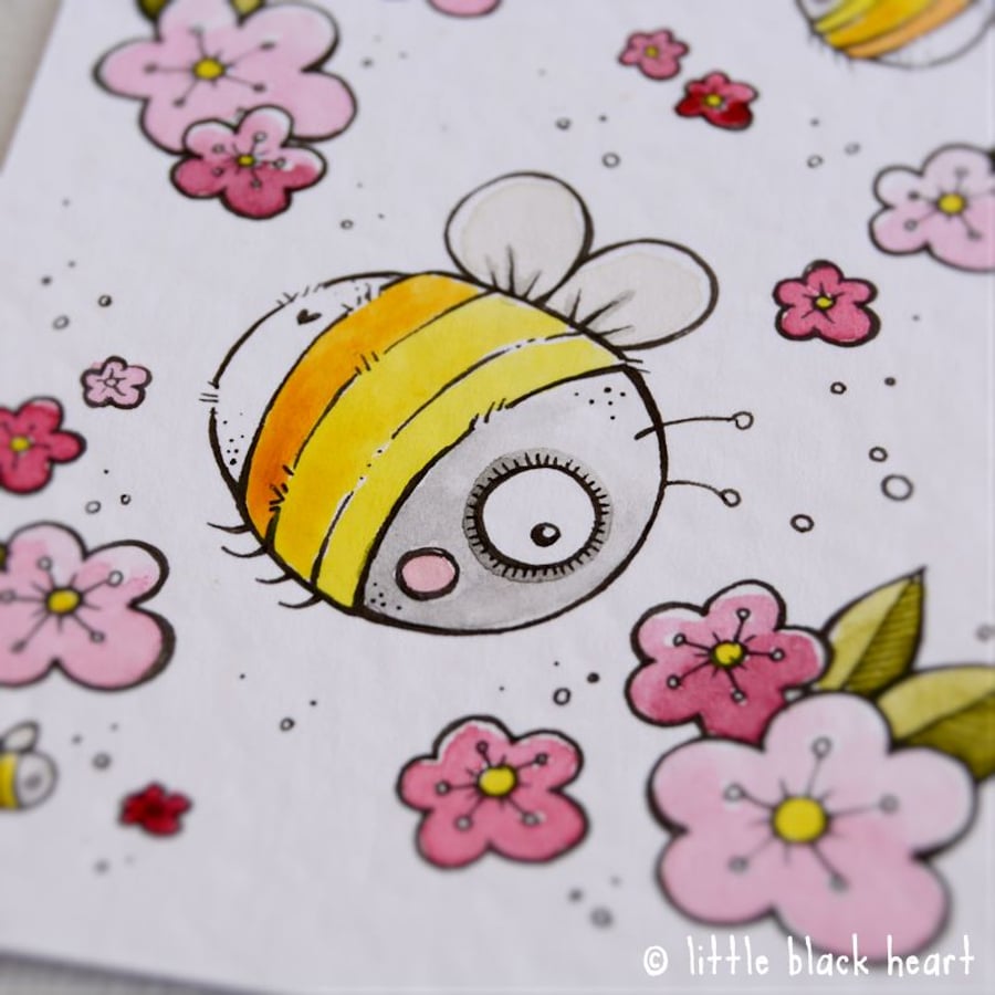 big bumbles and blossom - original aceo