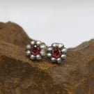 Recycled Sterling Silver Flower Stud Earrings with 4mm Garnet Gemstones.