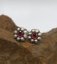 Recycled Sterling Silver Flower Stud Earrings with 4mm Garnet Gemstones.