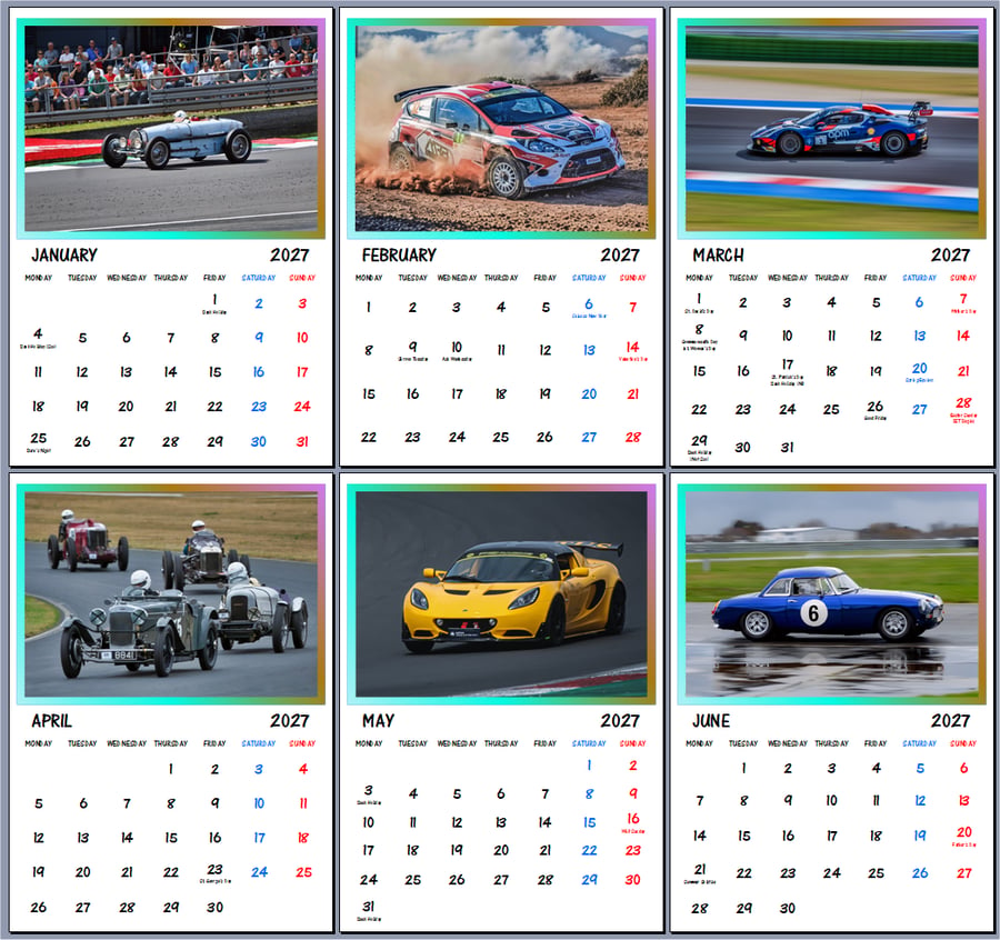 Motor Racing Cars Calendar 2027 - A4 Wall Hanging Calendar - Automobile Print