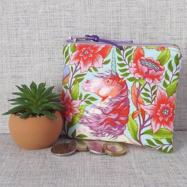 Small purse, coin purse, unicorn, floral