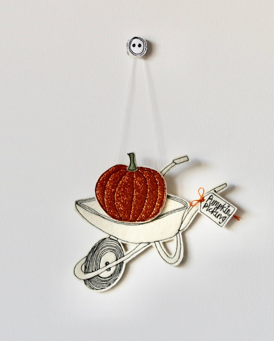 'Pumpkin Picking' Wheelbarrow - Hanging Decoration