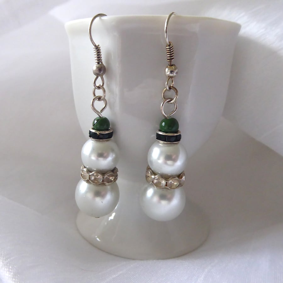 Christmas Bauble Snowman Earrings with Green Bobble Hat