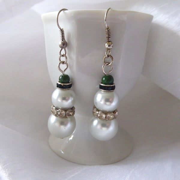 Christmas Bauble Snowman Earrings with Green Bobble Hat