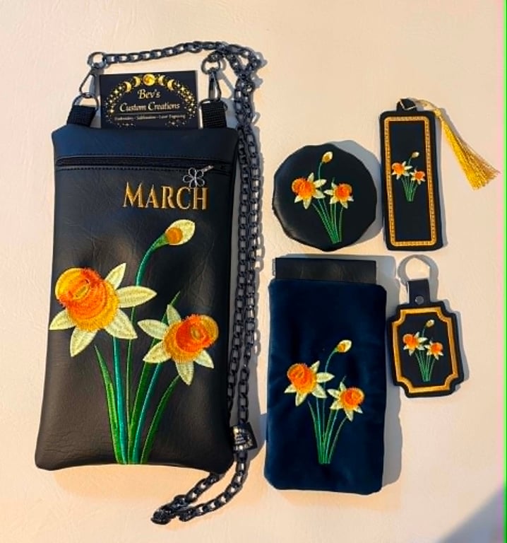 March Birth Flower Gift Set - Embroidered Bag, Bookmark, Keyring & Coin Purse