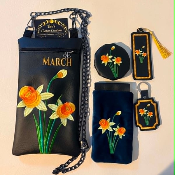 March Birth Flower Gift Set - Embroidered Bag, Bookmark, Keyring & Coin Purse