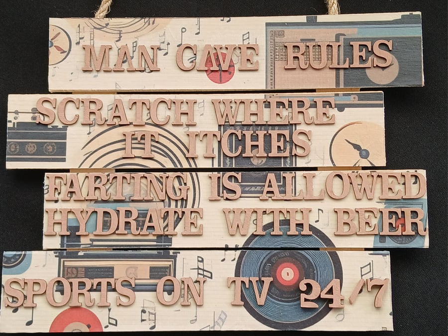 Hand decorated man cave rules hanging sign