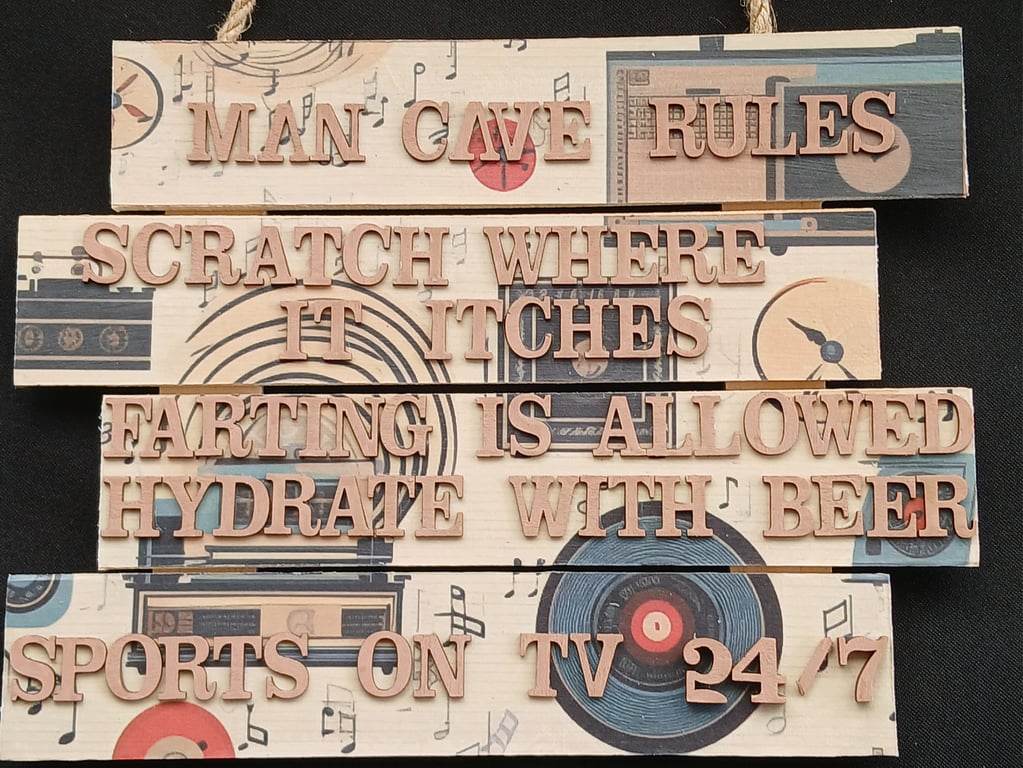 Hand decorated man cave rules hanging sign