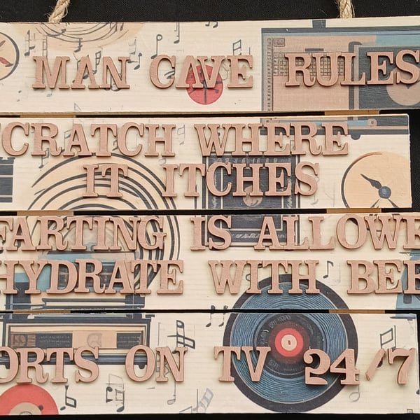 Hand decorated man cave rules hanging sign