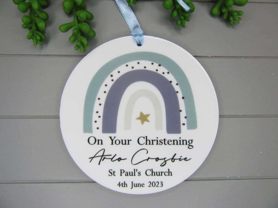 Personalised Christening gift, Godchild Gift Keepsake, Blue Rainbow Baby Boy