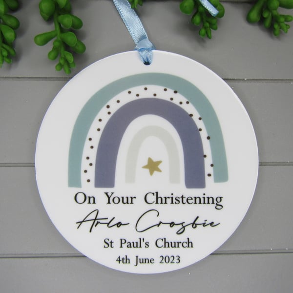 Personalised Christening gift, Godchild Gift Keepsake, Blue Rainbow Baby Boy