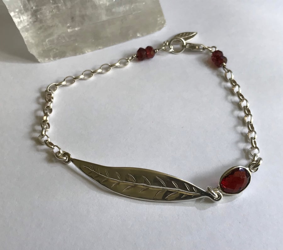 Sterling silver leaf and Garnet bracelet