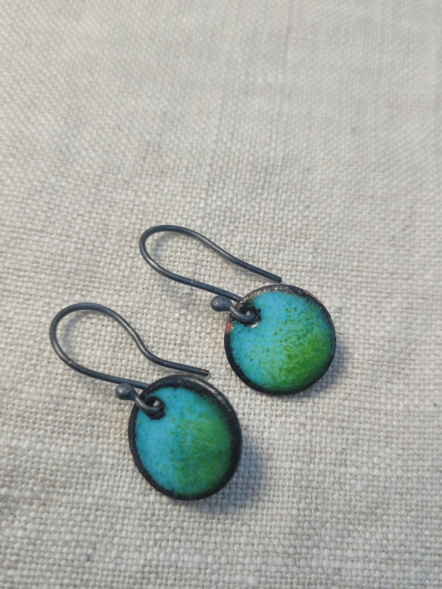 Blue and Lime Green Enamel Disc Earrings Seconds Sunday