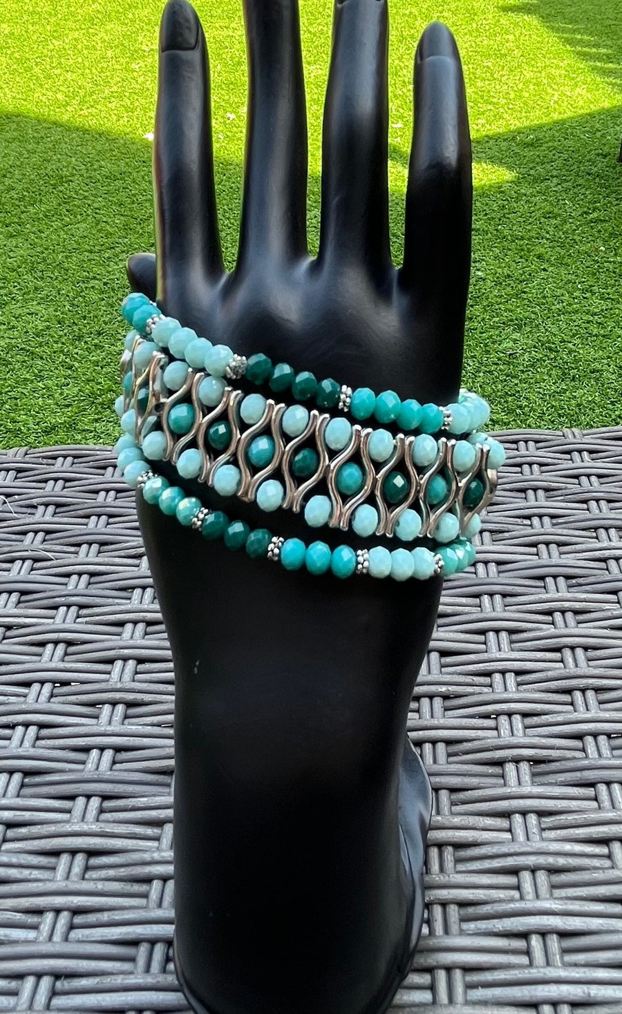 Set of 3 turquoise green beaded crystal bracelets