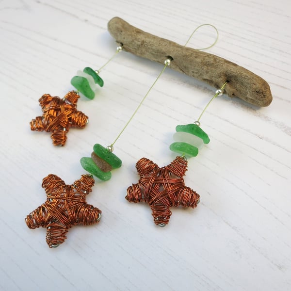 Copper Wire Star, Cornish Sea Glass and Driftwood Mobile 
