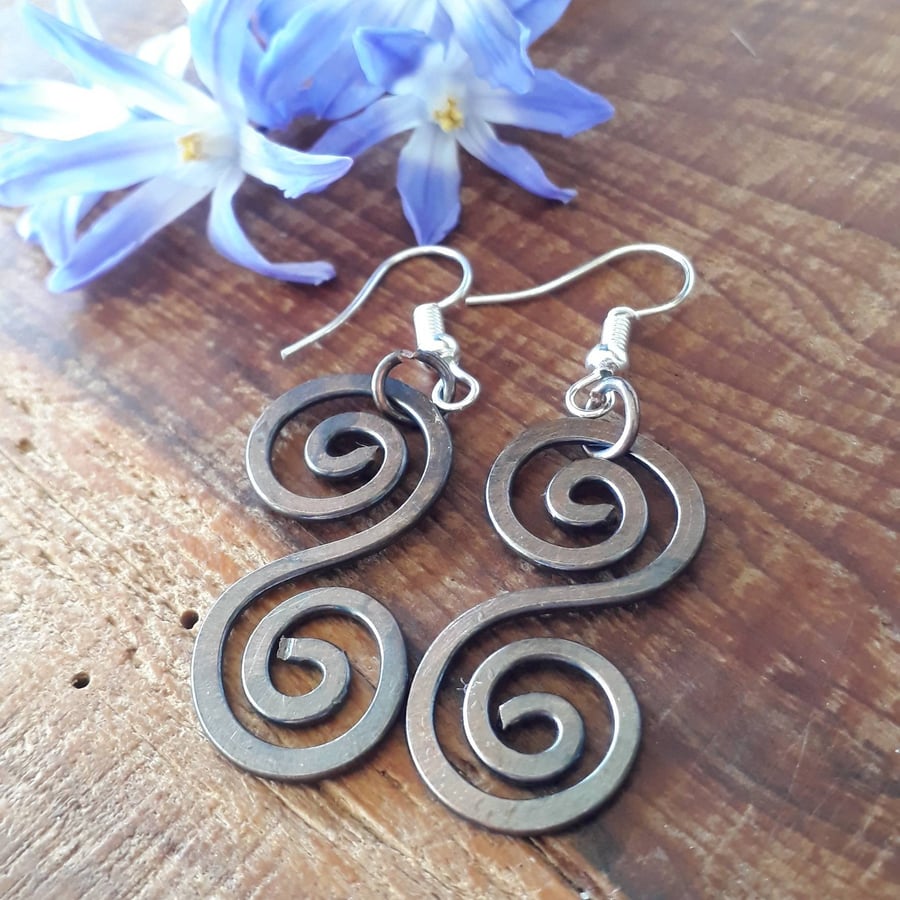 Celtic Copper Spiral Earrings, Boho Earrings, Rustic Jewellery Gifts for Her