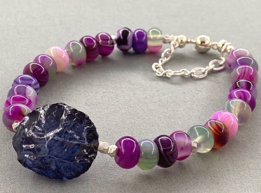 Blue Quartz Bracelet with Agate Magnetic Clasp with Safety Chain 