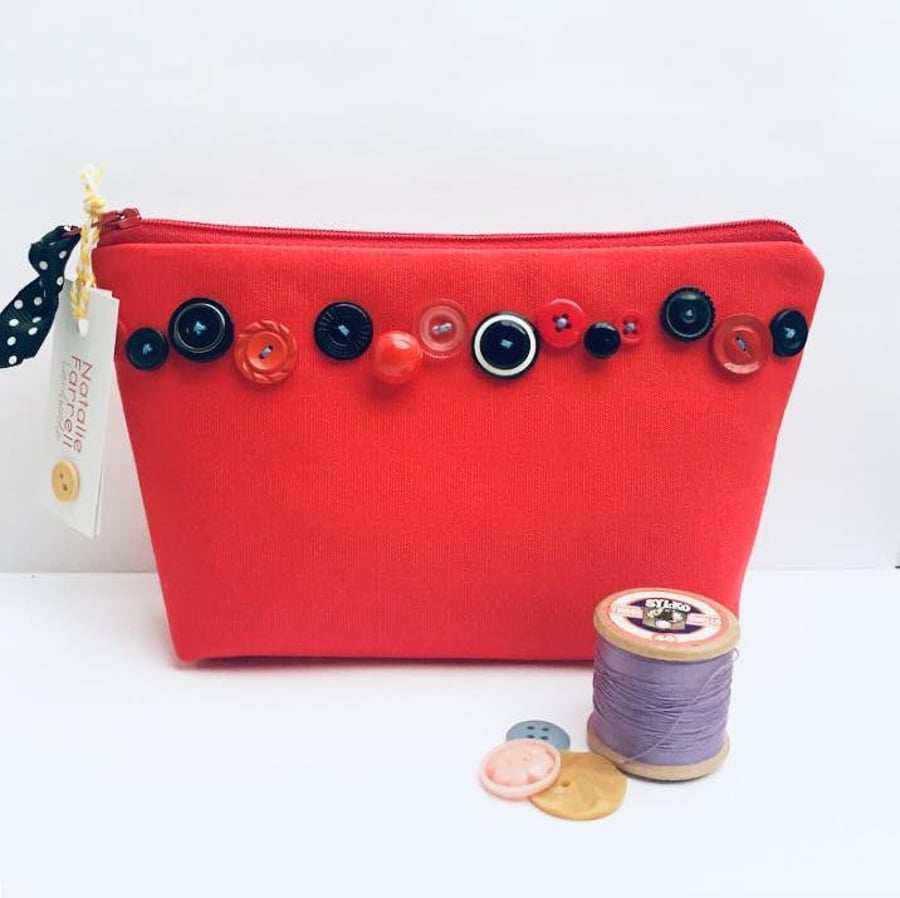 Red Canvas MakeUp Bag with Vintage Buttons