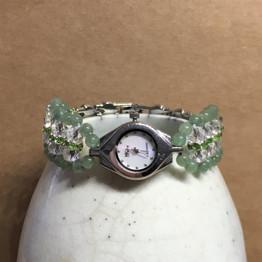 Aventurine gemstone, crystal beads vintage lady's wrist watch beaded  bracelet 