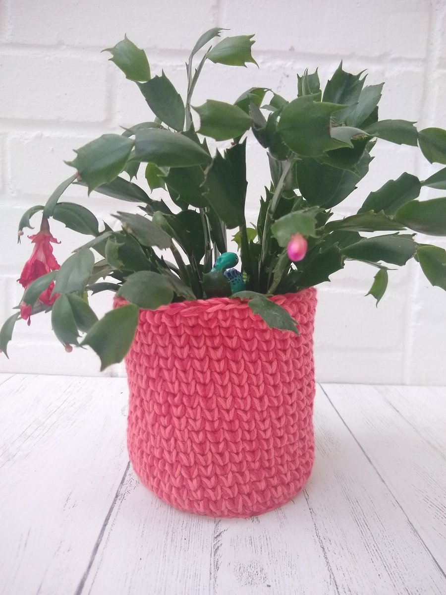 Pink and coral plant pot cover, small storage basket